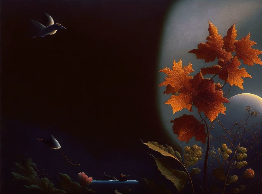 Vivid Orange Autumn Leaves with Flying Sparrows and Moonlight