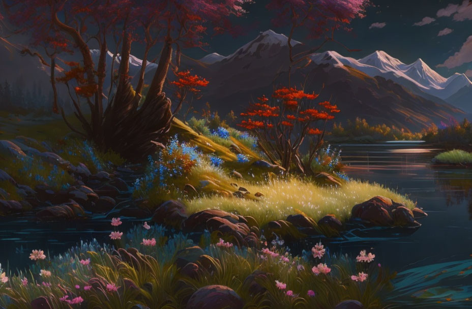 Vibrant riverbank and lush flora against snow-capped mountains at twilight