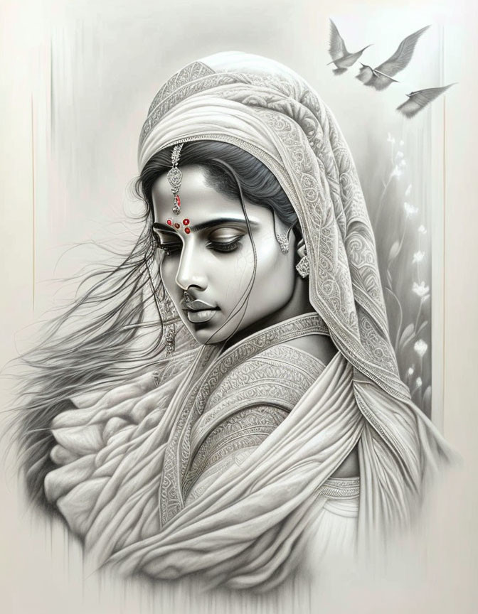 Detailed Monochromatic Illustration of Woman with Birds