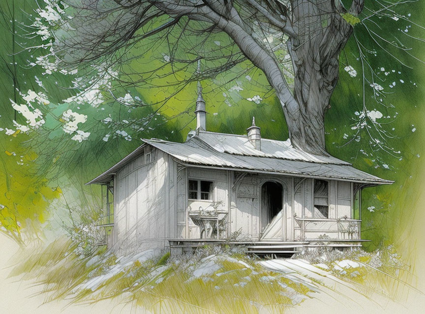 Illustration of cozy cabin with porch, tree, grass, and white blossoms.