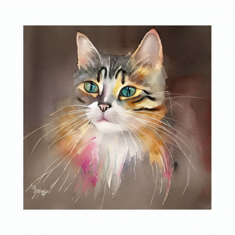 Cat Watercolor Painting: Green-Eyed Cat with White and Brown Fur on Muted Background