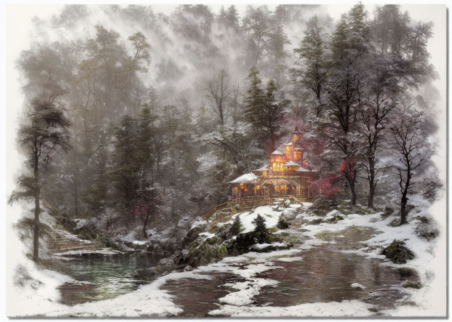 Cozy Cabin in Snowy Forest with Stream, Trees & Mist