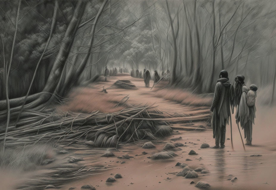 Monochromatic painting of people walking on forest path