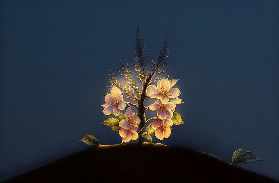 Glowing flowers and leaves on dark backdrop: serene and mystical.