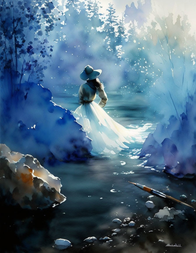 Person in White Dress and Hat Sitting by Serene Forest Stream