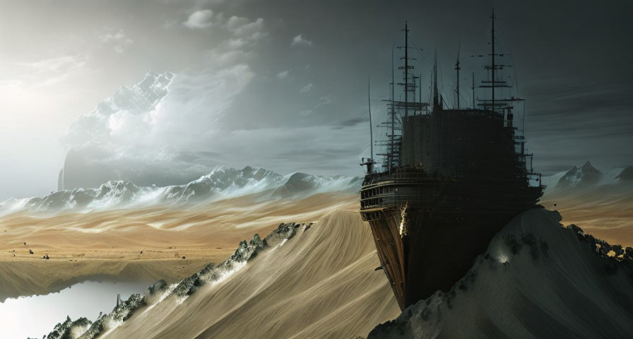 Wooden ship on sand dune overlooks desert with distant iceberg