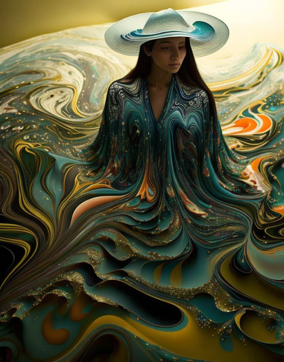 Woman in wide-brimmed hat and flowing robe with surreal swirling patterns in earthy and gold tones