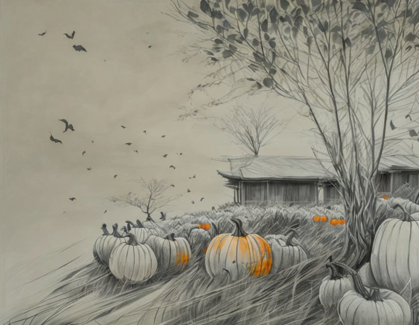 Monochrome drawing of rustic scene with pumpkins, tree, house, and birds