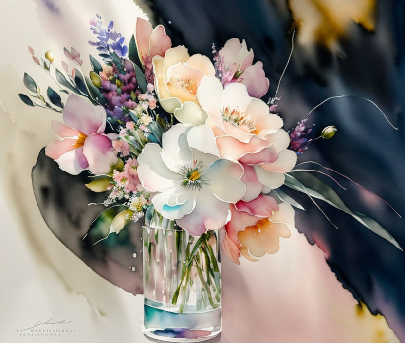 Colorful Watercolor Painting of Delicate Flower Bouquet in Glass Vase