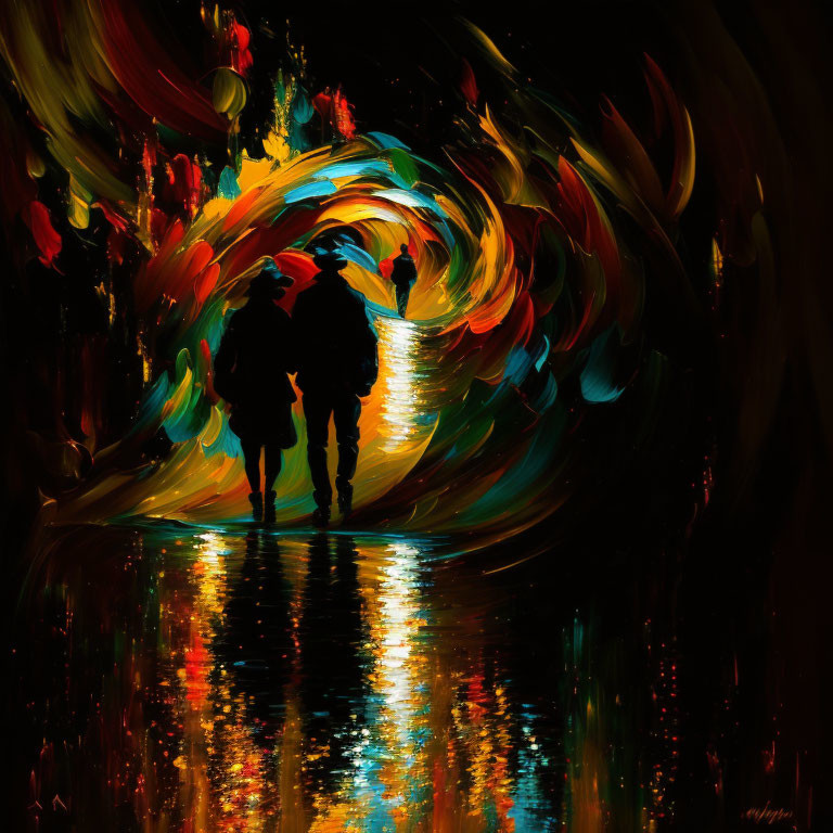 Silhouetted figures in vibrant abstract colors on dark, glassy surface