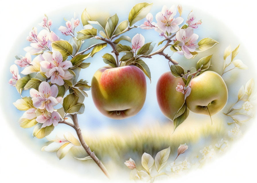 Illustration of red apples on branch with pink blossoms, blurred background