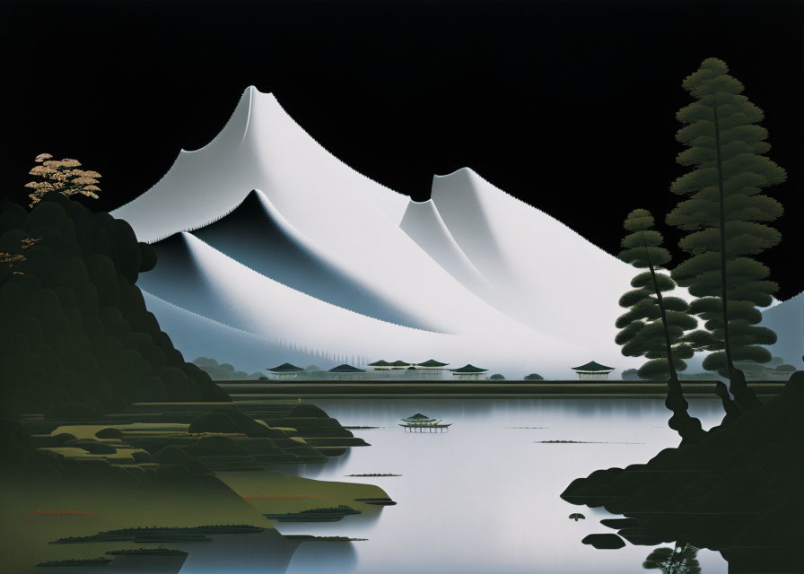 Tranquil lake mirroring snow-capped mountain, traditional structures, and trees under dark sky