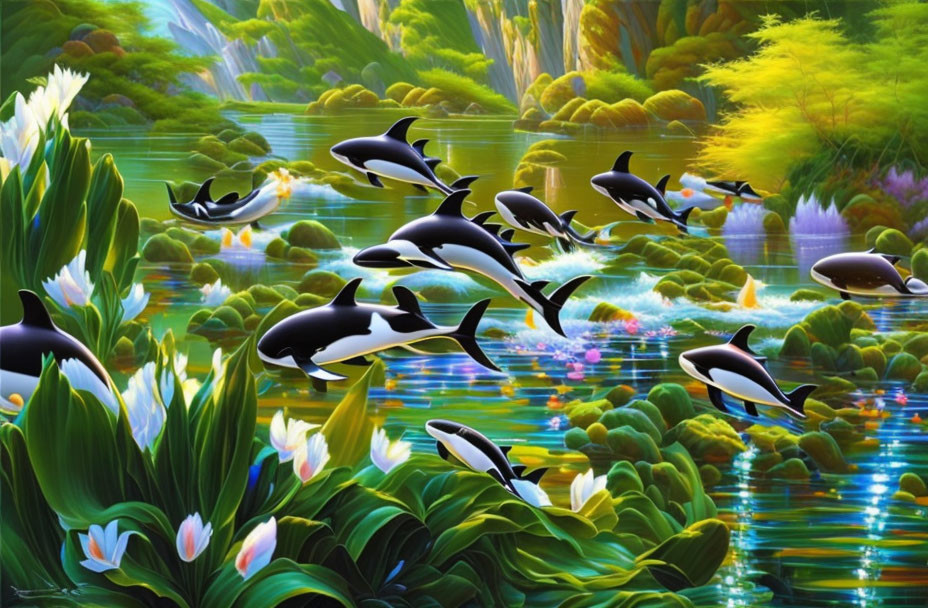 Colorful digital artwork: Orcas leaping over vibrant river with cliffs and blooming flora