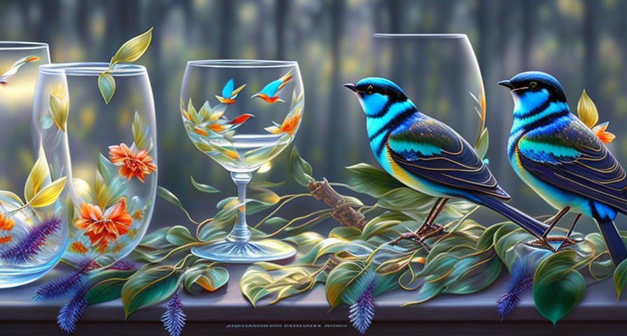 Vibrant Blue Birds on Windowsill with Floral Motifs Glasses