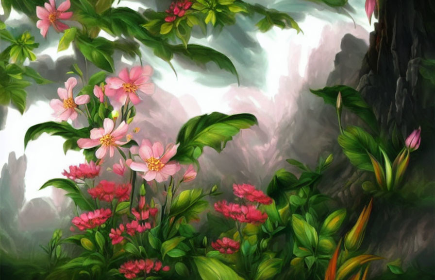 Pink flowers blooming on green foliage with misty cliffs and waterfalls