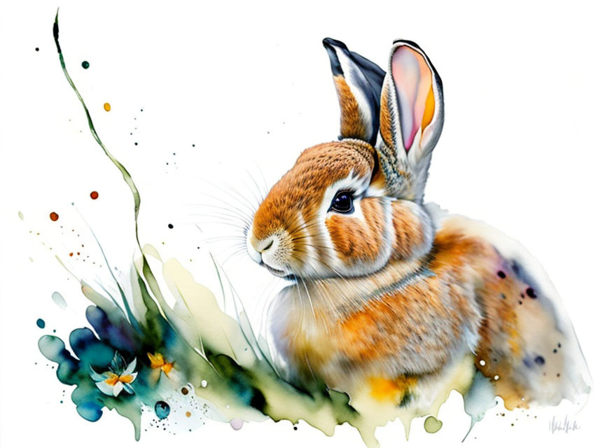 Colorful Watercolor Painting of Brown and White Rabbit Among Flowers