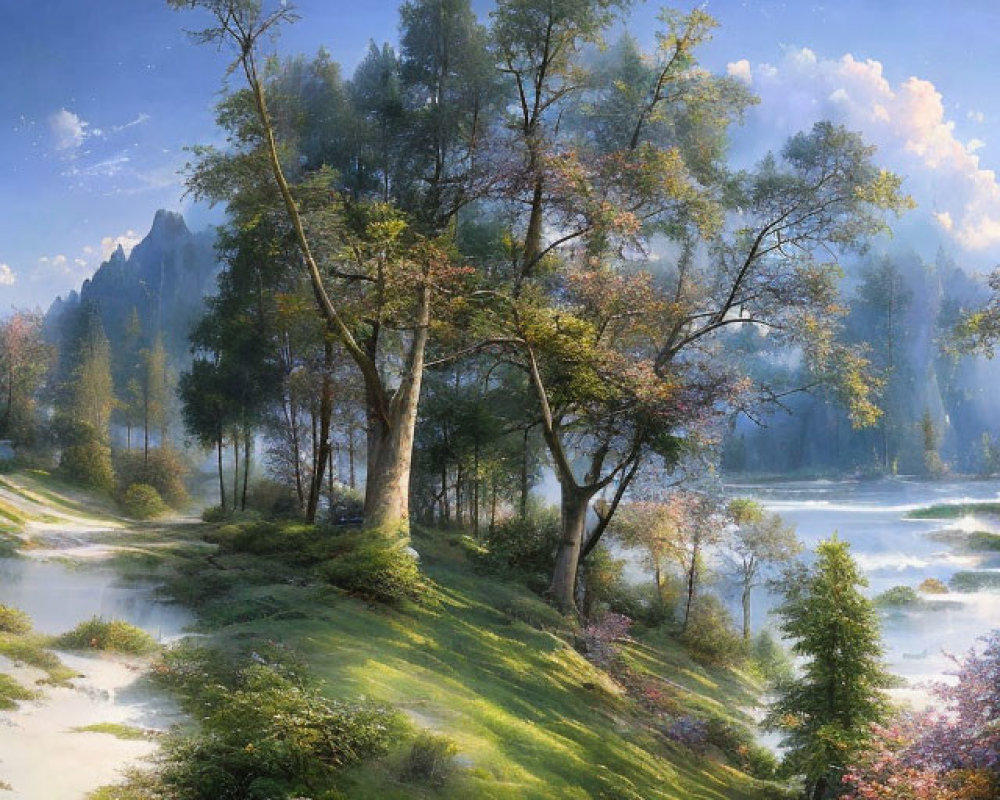 Tranquil landscape painting with greenery, couple walking, mountains