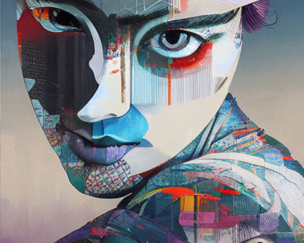 Vibrant Collage Artwork: Abstract Face Portrait in Colorful Fragmented Style