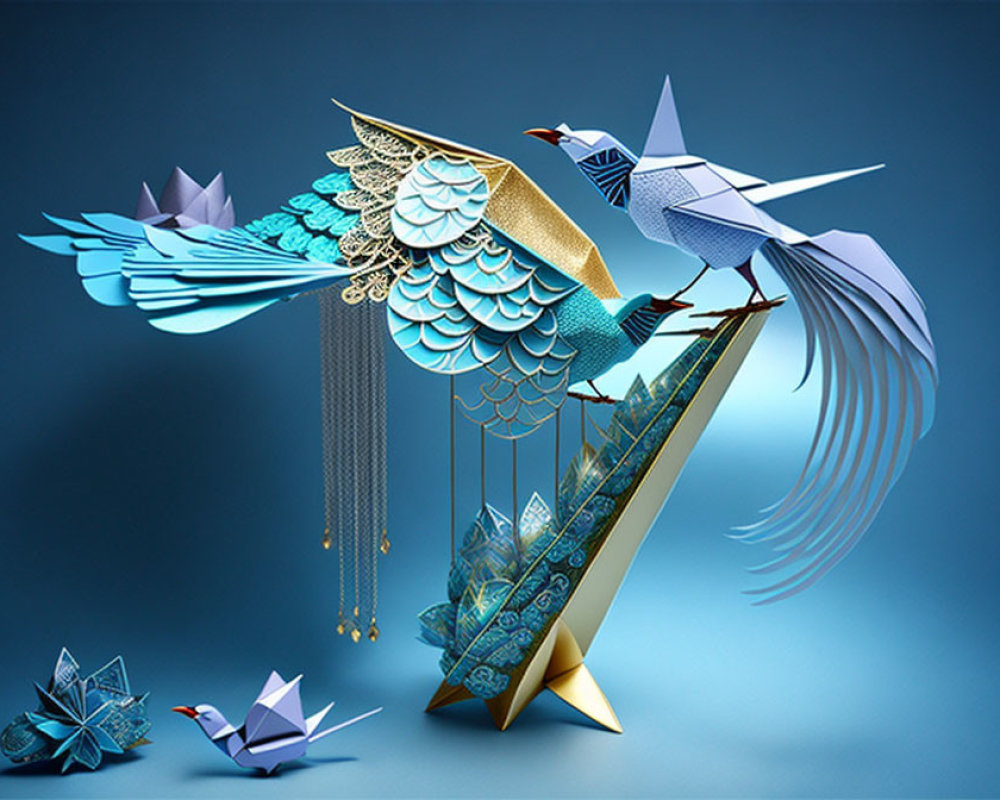 Stylized origami birds with patterns on blue gradient background