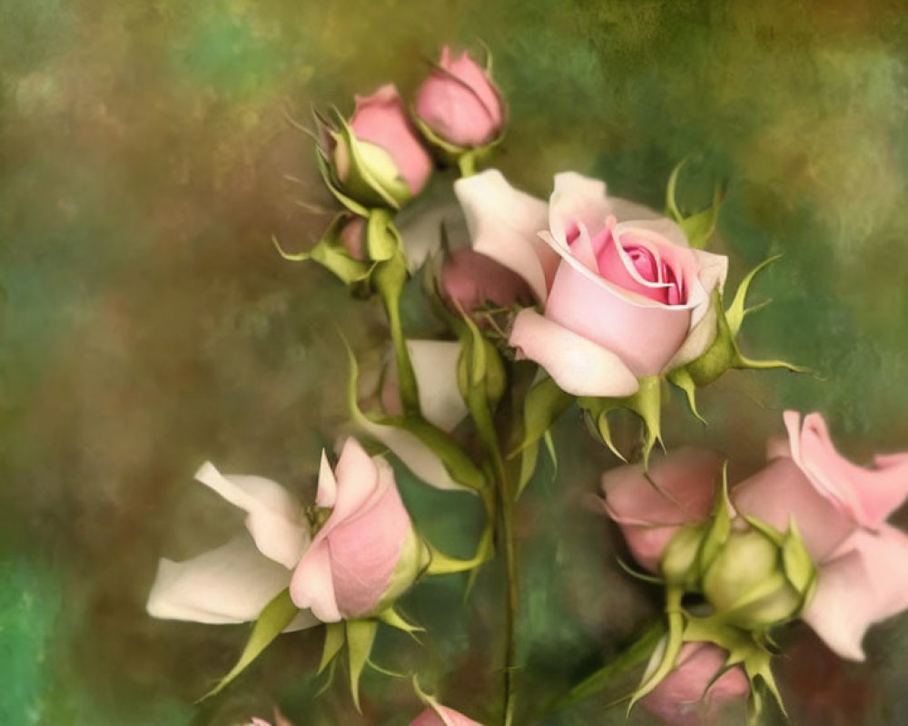 Pale Pink Roses on Soft Green Impressionistic Background