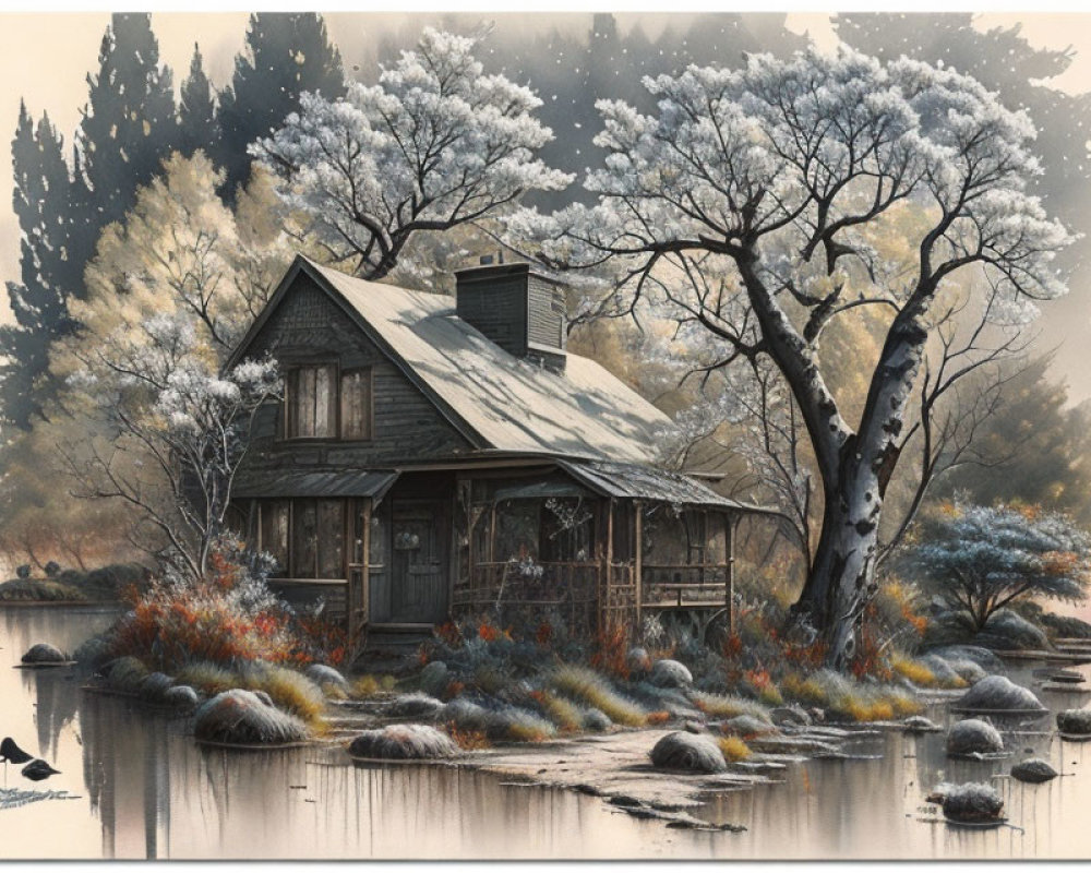 Tranquil painting of rustic cabin by pond with frosty trees and lone bird