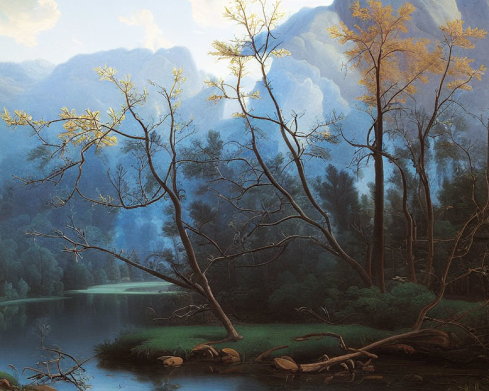 Tranquil landscape painting of leafless trees by a calm lake