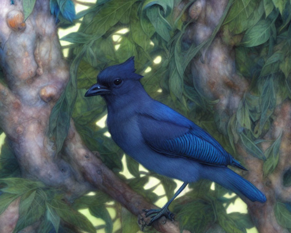 Vividly illustrated blue jay on branch in lush green foliage