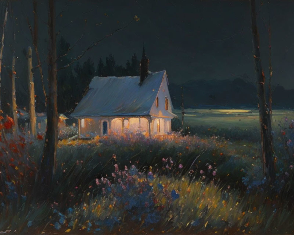 Quaint cottage in wildflower field at dusk