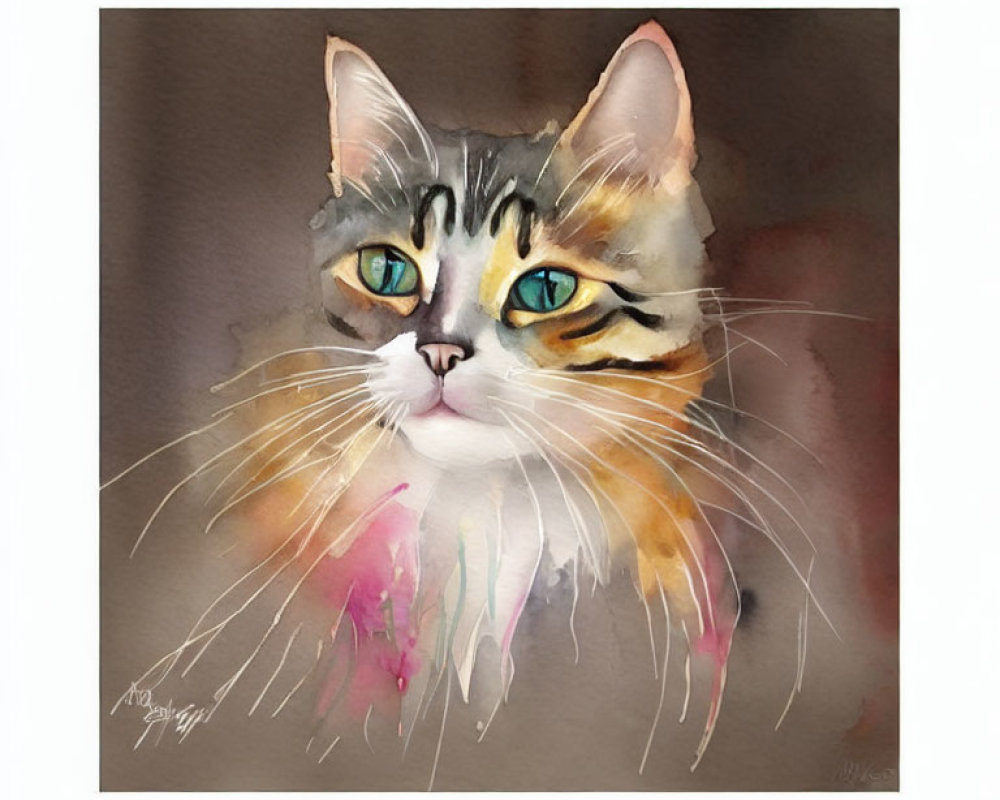 Cat Watercolor Painting: Green-Eyed Cat with White and Brown Fur on Muted Background