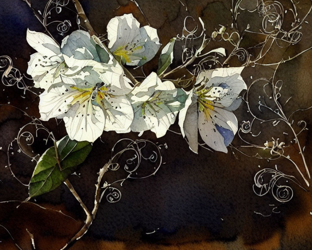 Delicate white flowers with brown twigs in watercolor art