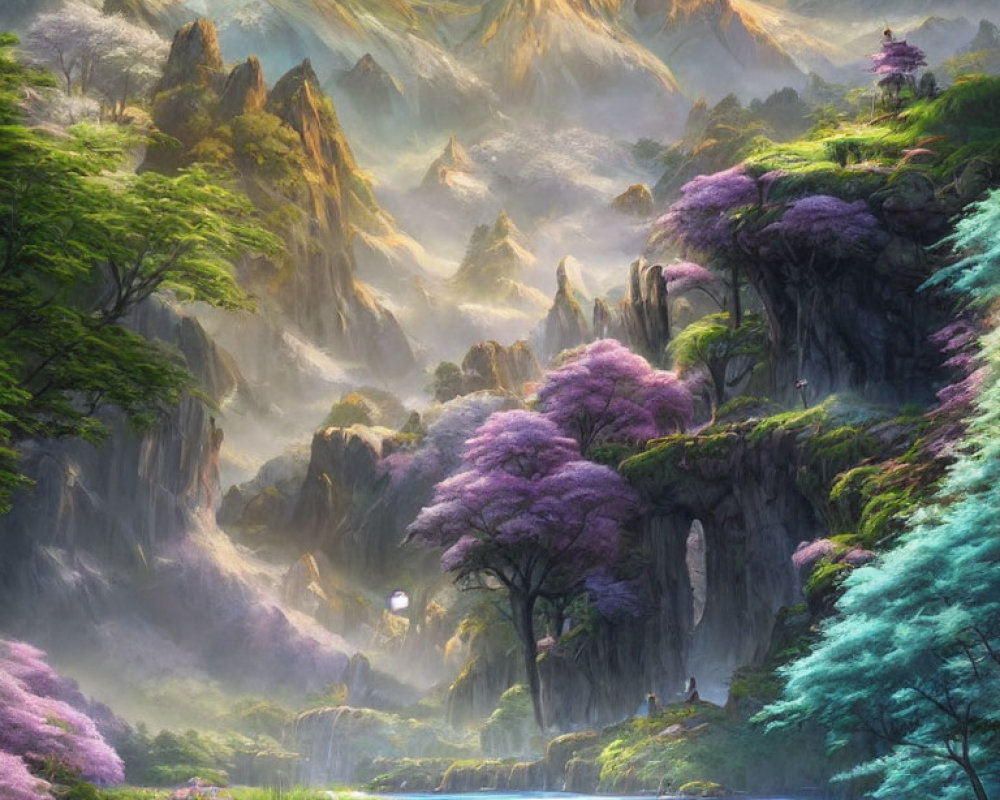 Majestic mountains, lush valleys, blooming trees in serene fantasy landscape