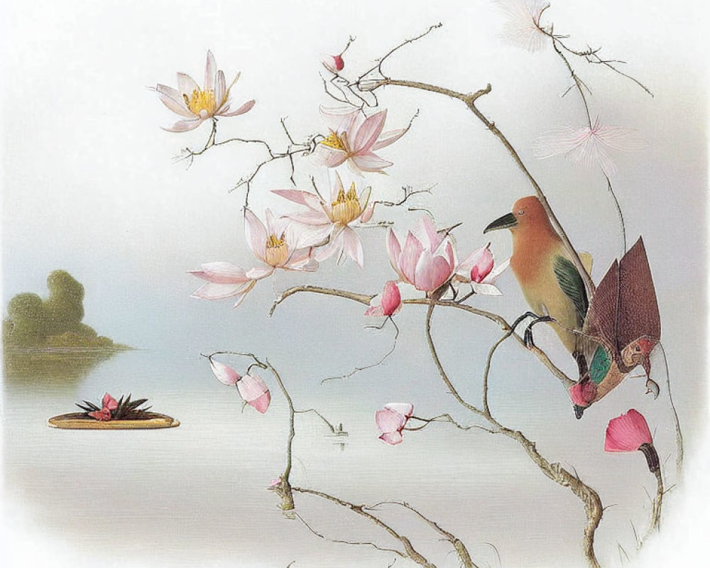 Tranquil bird painting on blossoming branch by calm lake