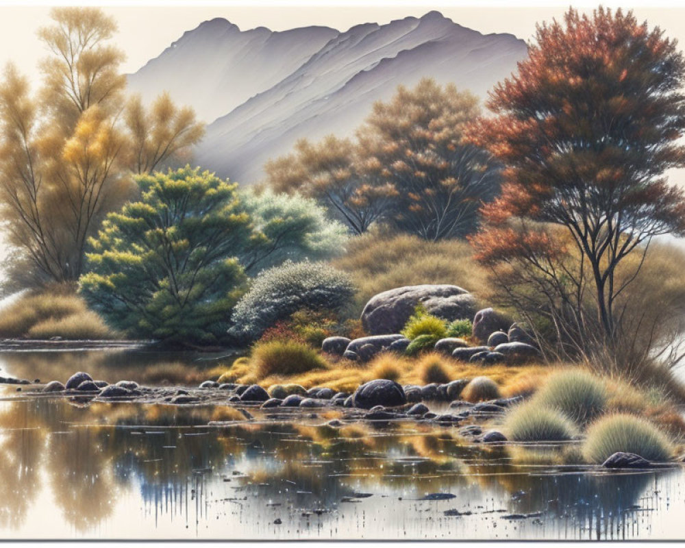 Tranquil landscape painting of calm river, lush trees, and gentle mountains