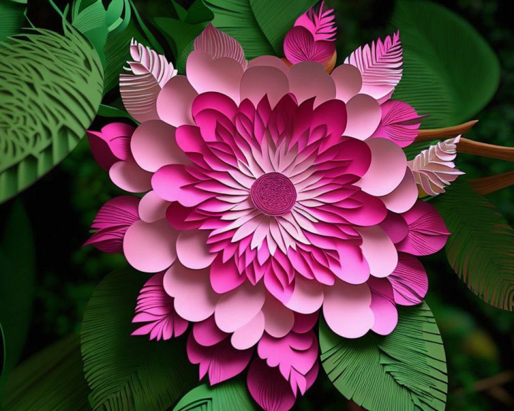 Stylized pink flower with layered petals in lush green tropical setting