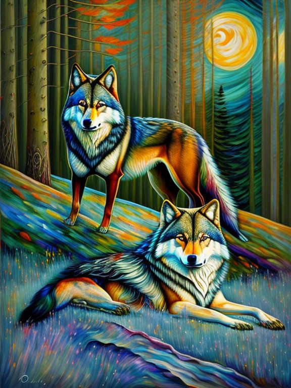 Colorful painting of two wolves in forest scenery