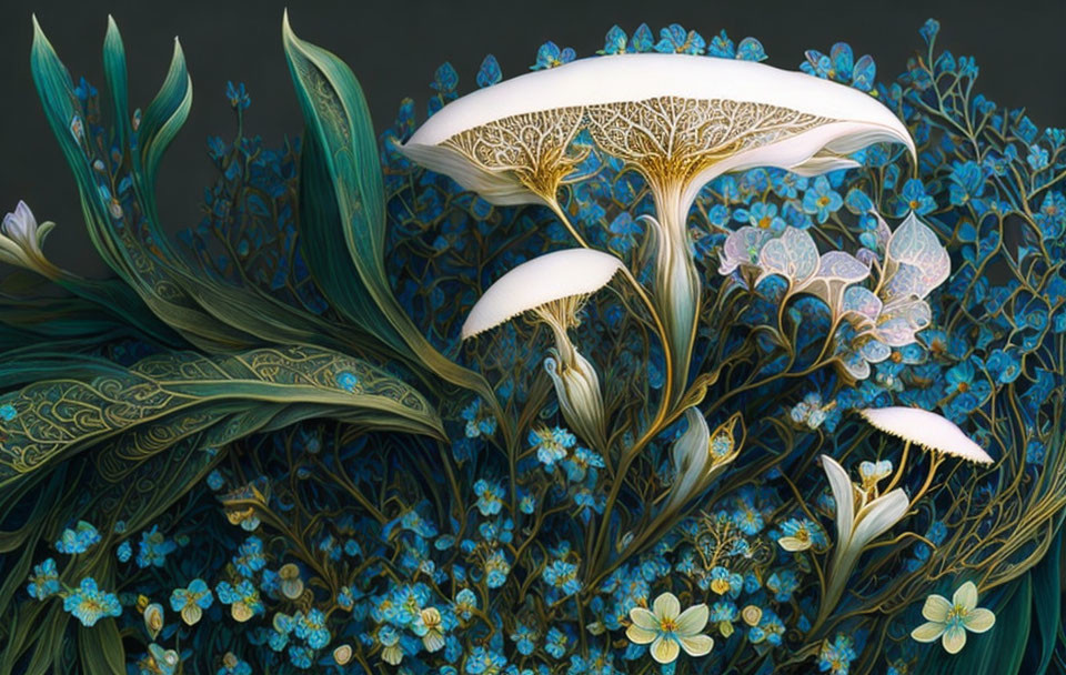 Stylized white mushrooms in fantasy floral digital art