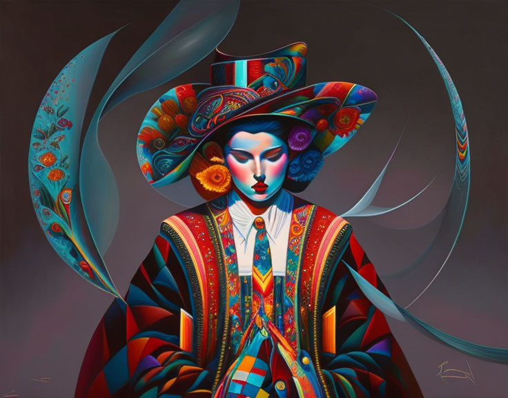 Colorful painting of person in floral outfit and large hat, blending abstract and folk art styles