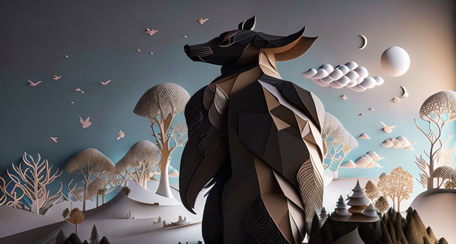 Geometric wolf in paper art forest with moons and birds