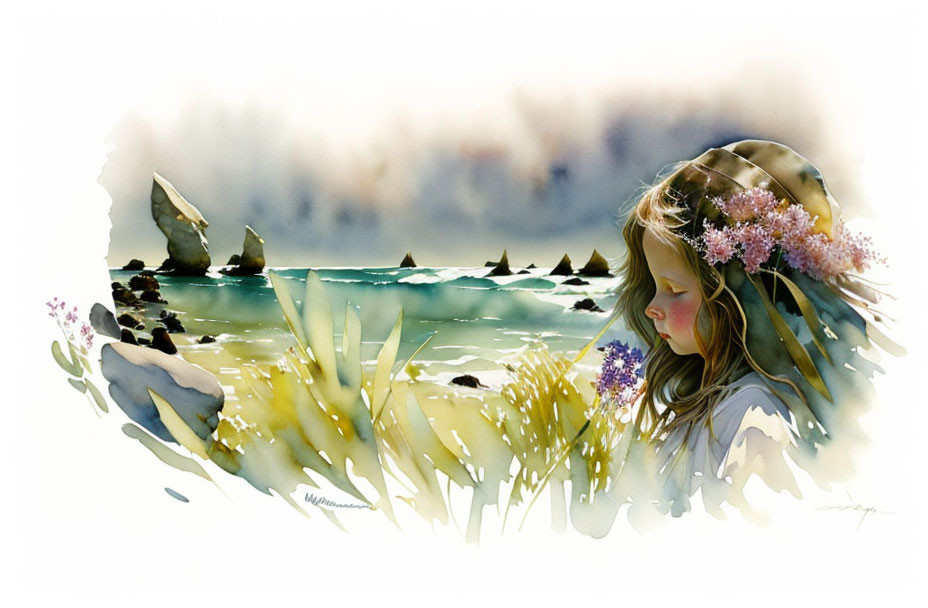 Tranquil watercolor: young girl with floral crown in nature