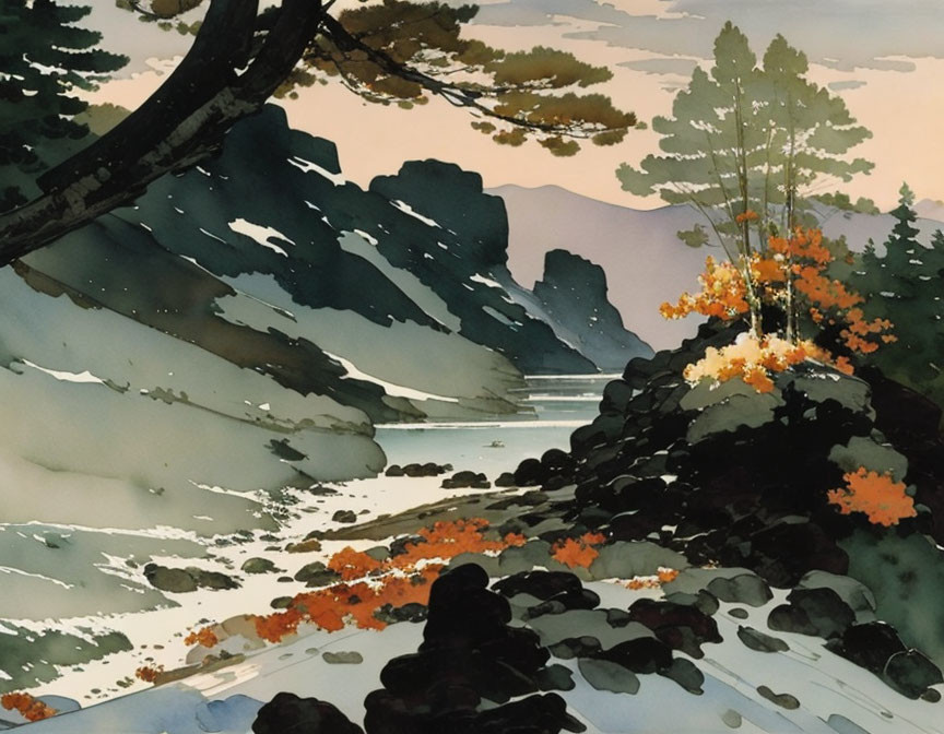 Mountain landscape watercolor with flowing river and autumn foliage