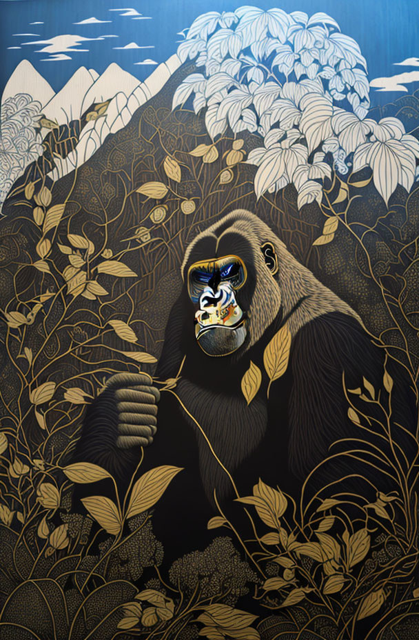 Stern-faced gorilla in golden foliage with mountains and flowers