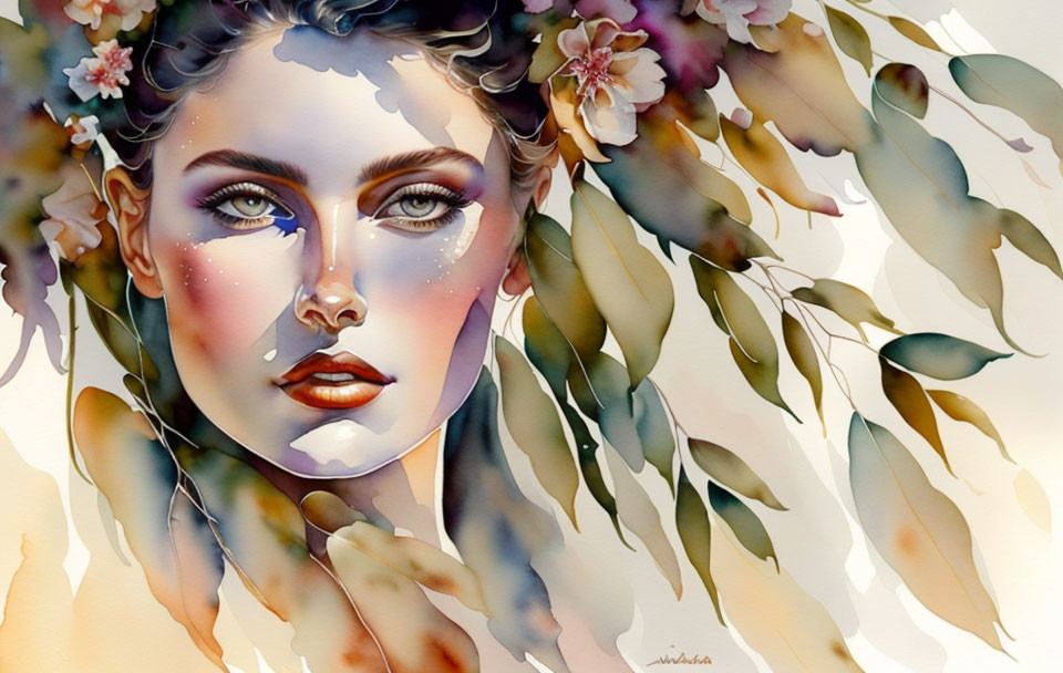 Vibrant watercolor illustration of woman's face with floral adornments