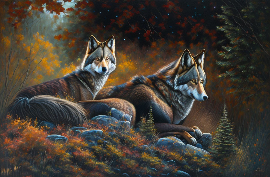 Realistic wolves resting in autumn forest ambiance