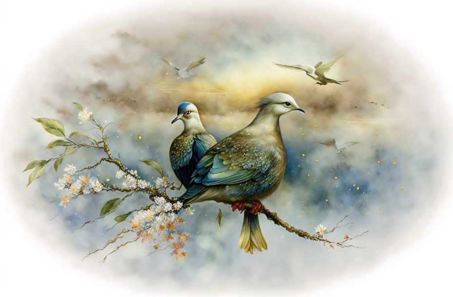 Stylized birds on blooming branch with dreamy background