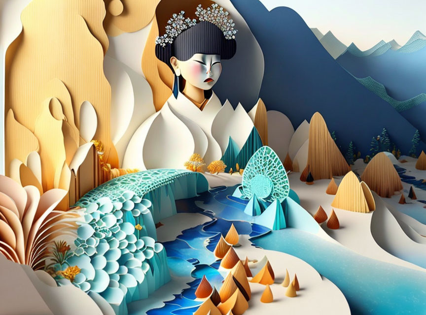 Stylized artwork of woman's portrait in paper-art landscape