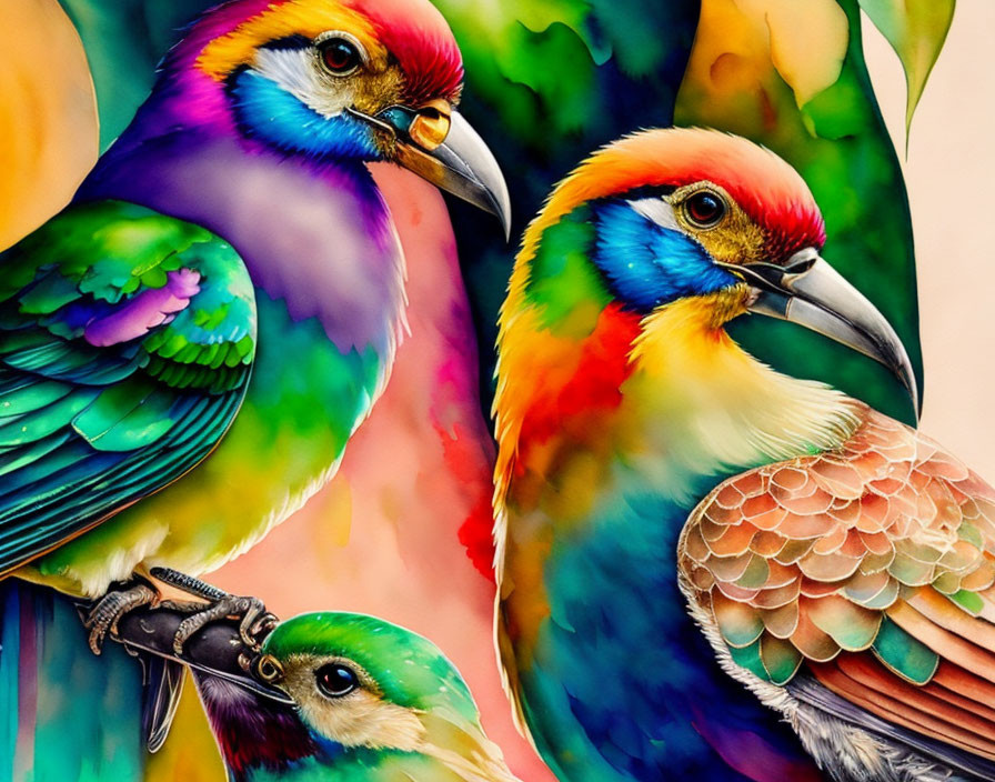 Colorful Parrots Close-Up: Vibrant Greens, Blues, Yellows, and Reds