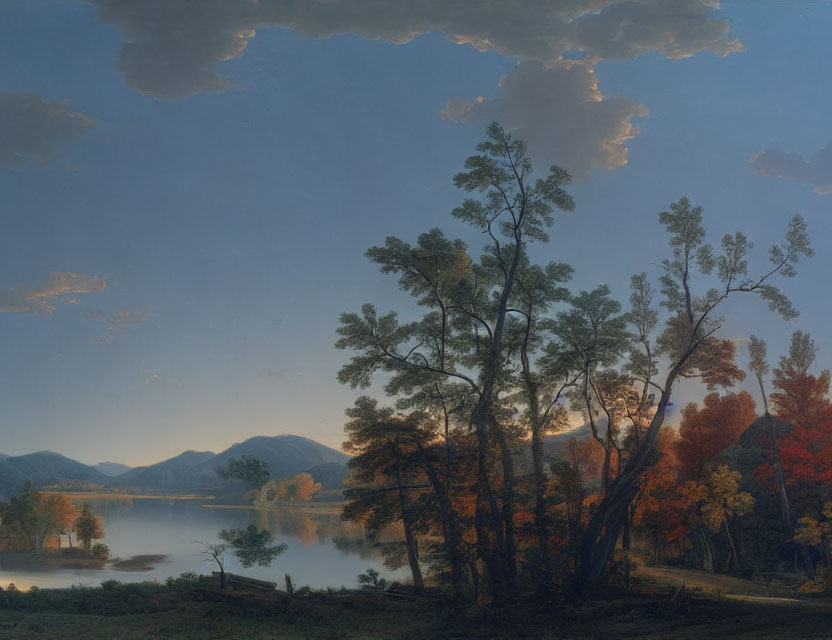 Tranquil landscape painting: serene lake, autumn trees, mountains, and cloud