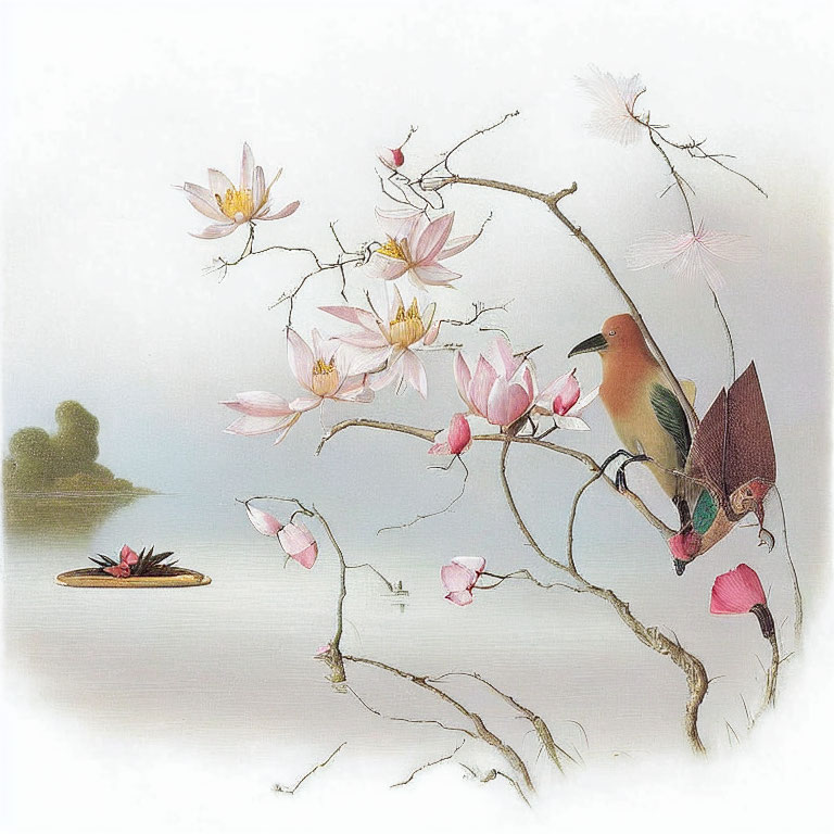 Tranquil bird painting on blossoming branch by calm lake