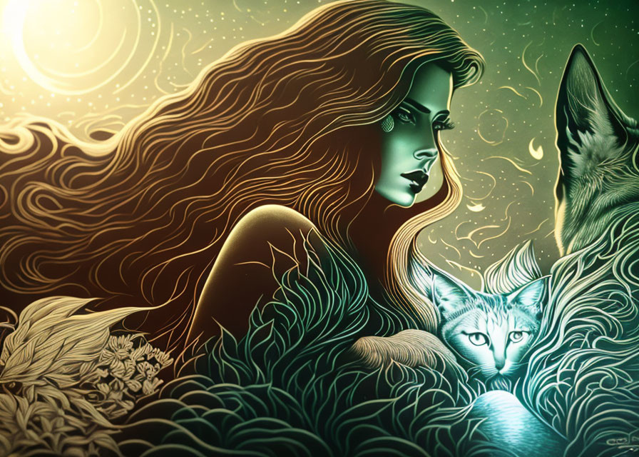 Stylized illustration of woman, wolf, and cat in celestial green backdrop