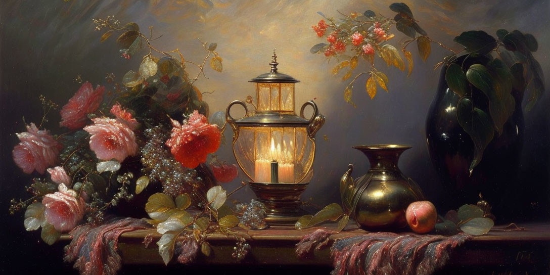 Traditional still-life painting with lantern, brass pitcher, vase, apple, and flowers